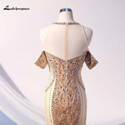 Roycebridal Lakshmigown Gold Crystals Mermaid Evening Dress Beading Women Dresses Formal Gown Robe de Soiree