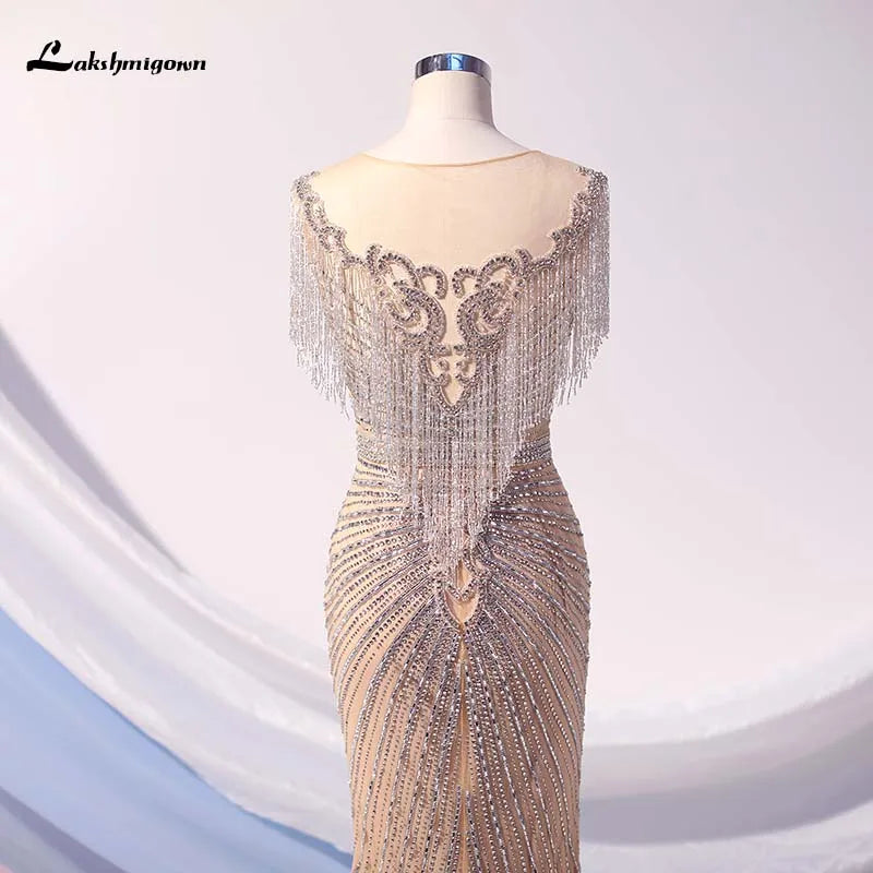 Roycebridal Lakshmigown Luxury Nude Long Mermaid Evening Dress Rhinestones Beading Pageant Dresses Vestido De Festa Party Dress Formal Gown