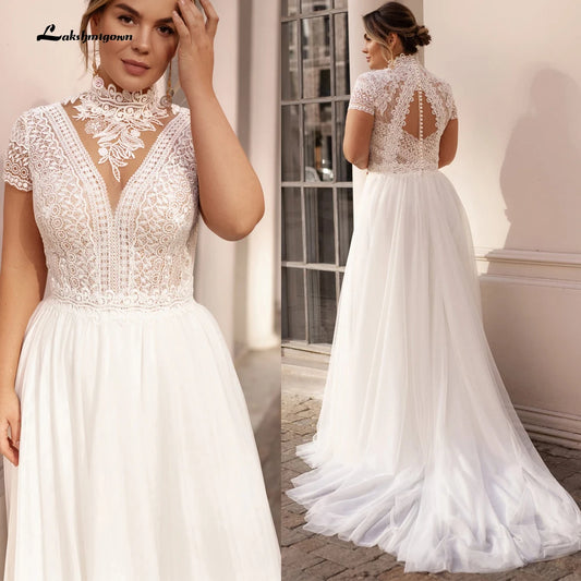 High Collar Short Sleeve Wedding Dresses Tulle Appliques Pearls Covered Button A-Line Bridal Gowns Roycebridal