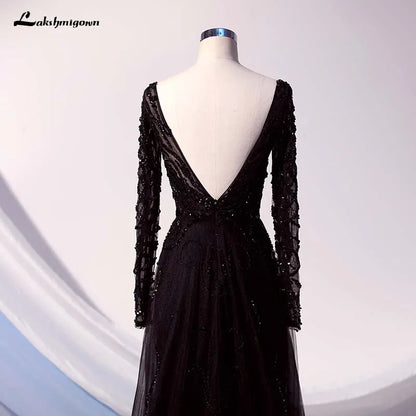 Roycebridal Lakshmigown Elegant Black Long Sleeve Evening Dress O Neck Beaded Tulle Formal Women Evening Gowns Robe De Soiree