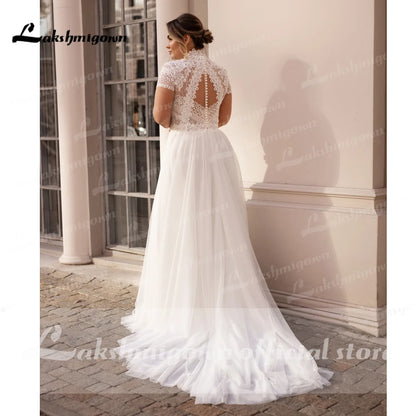 High Collar Short Sleeve Wedding Dresses Tulle Appliques Pearls Covered Button A-Line Bridal Gowns Roycebridal