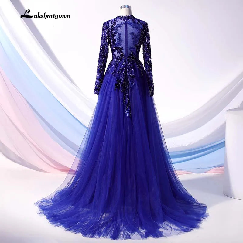 Roycebridal Luxury Navy Blue Latest Design Evening Dresses 2020 Long Sleeves A-Line Sexy Evening Gowns Dubai Sequined Sparkle Evening Dress