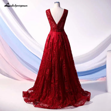 Roycebridal Wine Red Crystal Long evening Prom Dresses 2020 v Neck A line Beaded Party Dress Formal Gowns vestido de festa de noche