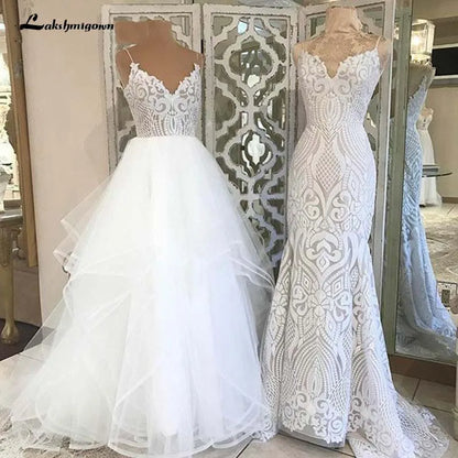 Roycebridal lakshmigown  V Neck Princess Tulle Wedding Dresses Thin Straps Puffy Bridal Dress  Robes de Mariag A-line Wedding Dresses