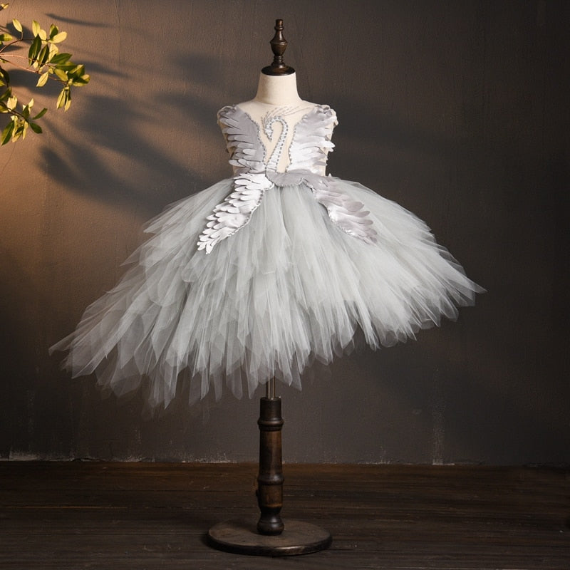 Swan Crystal Asymmetrical Tulle Ball Gown First Holy Communion Flower Girl Dress