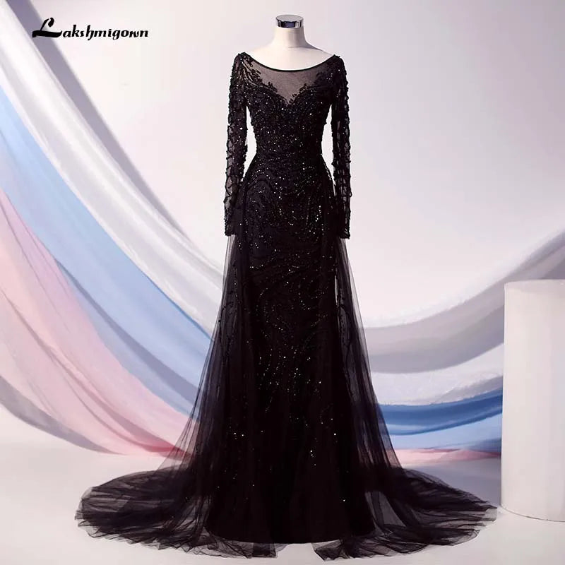 Roycebridal Lakshmigown Elegant Black Long Sleeve Evening Dress O Neck Beaded Tulle Formal Women Evening Gowns Robe De Soiree