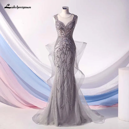 Roycebridal Lakshmigown Fashion Silver Rhinestones Mermaid Evening Dress Long Ruffles Tulle Beaded Evening Gown Robe De Soiree Formal Party