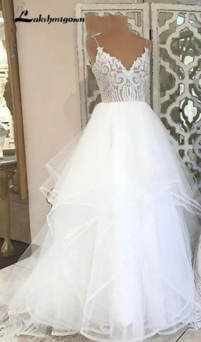 Roycebridal lakshmigown  V Neck Princess Tulle Wedding Dresses Thin Straps Puffy Bridal Dress  Robes de Mariag A-line Wedding Dresses