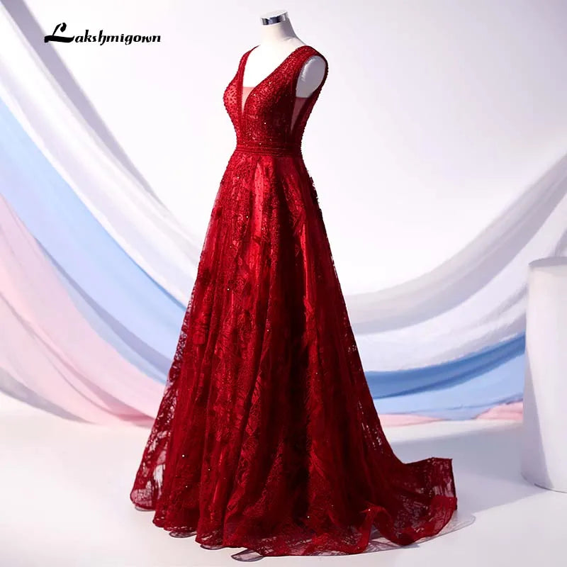 Roycebridal Wine Red Crystal Long evening Prom Dresses 2020 v Neck A line Beaded Party Dress Formal Gowns vestido de festa de noche