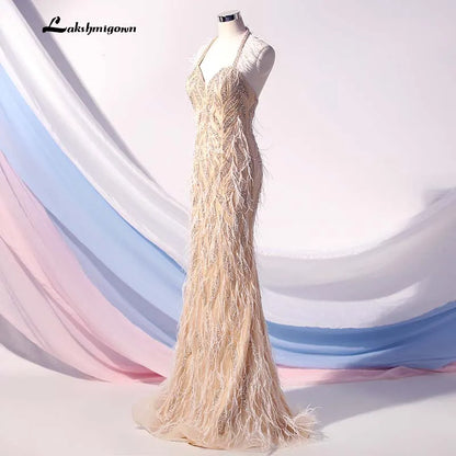 Roycebridal Lakshmigown Couture Halter Feather Evening Dress Long Nude Crystals Beaded Backless Formal Evening Gown Robe De Soiree