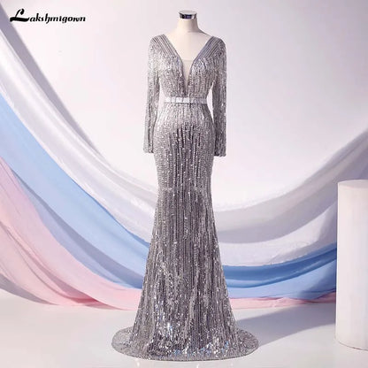 Roycebridal Lakshmigown Luxury Silver Mermaid Sequined Evening Dresses V-Neck Long Sleeves Evening Gown robe de soiree