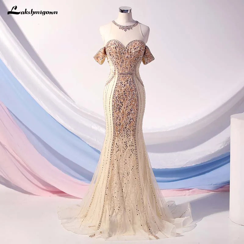 Roycebridal Lakshmigown Gold Crystals Mermaid Evening Dress Beading Women Dresses Formal Gown Robe de Soiree