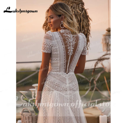 Full Lace Bohemian Wedding Dress Robe Longue Vintage soft Tulle Wedding Dresses Chic Bridal Gowns High neck abito da sposa