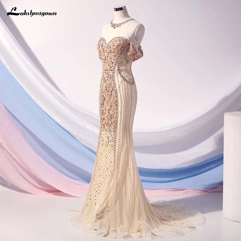 Roycebridal Lakshmigown Gold Crystals Mermaid Evening Dress Beading Women Dresses Formal Gown Robe de Soiree