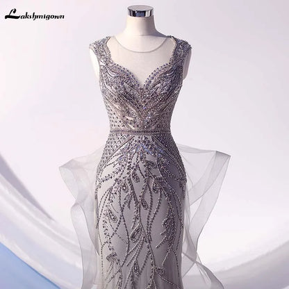 Roycebridal Lakshmigown Fashion Silver Rhinestones Mermaid Evening Dress Long Ruffles Tulle Beaded Evening Gown Robe De Soiree Formal Party