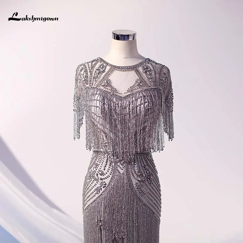 Roycebridal Lakshmigown Couture Luxury Silver Crystals Evening Dresses Long High Neck Cap Sleeve Mermaid Evening Gown Robe De Soiree