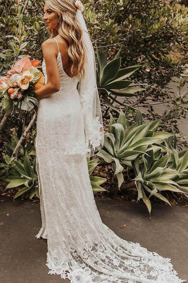 High Quality V-neck Spaghetti Straps Side Slit Lace Beach Wedding Dresses, MW247 | lace wedding dress | ivory wedding dress | www.musebridals.com