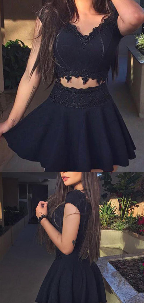 Two Pieces V-neck Black Cap Sleeve Homecoming Dresses