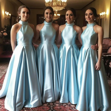 Hot Halter Blue Satin Bridesmaid Dresses Sleeveless A Line Wedding Party Dress