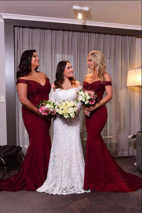 Roycebridal Hot Mermaid Burgundy Lace Bridesmaid Dresses Long Off Shoulder