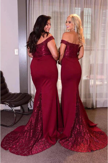 Roycebridal Hot Mermaid Burgundy Lace Bridesmaid Dresses Long Off Shoulder