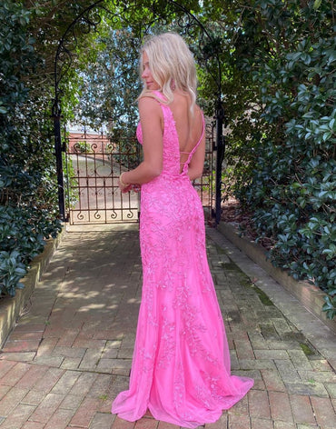 Roycebridal Kallie |Hot Pink Mermaid Plunge V Neck Lace Prom Dress