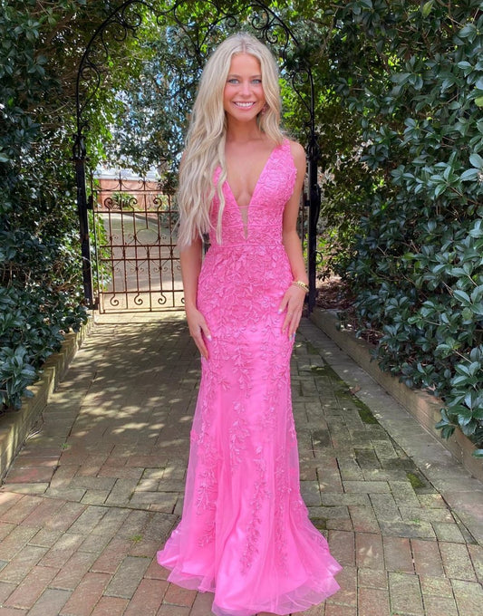 Roycebridal Kallie |Hot Pink Mermaid Plunge V Neck Lace Prom Dress