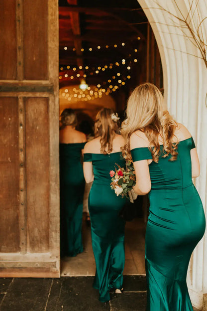 Roycebridal Hot Satin Off the Shoulder Emerald Green Bridesmaid Dresses Online