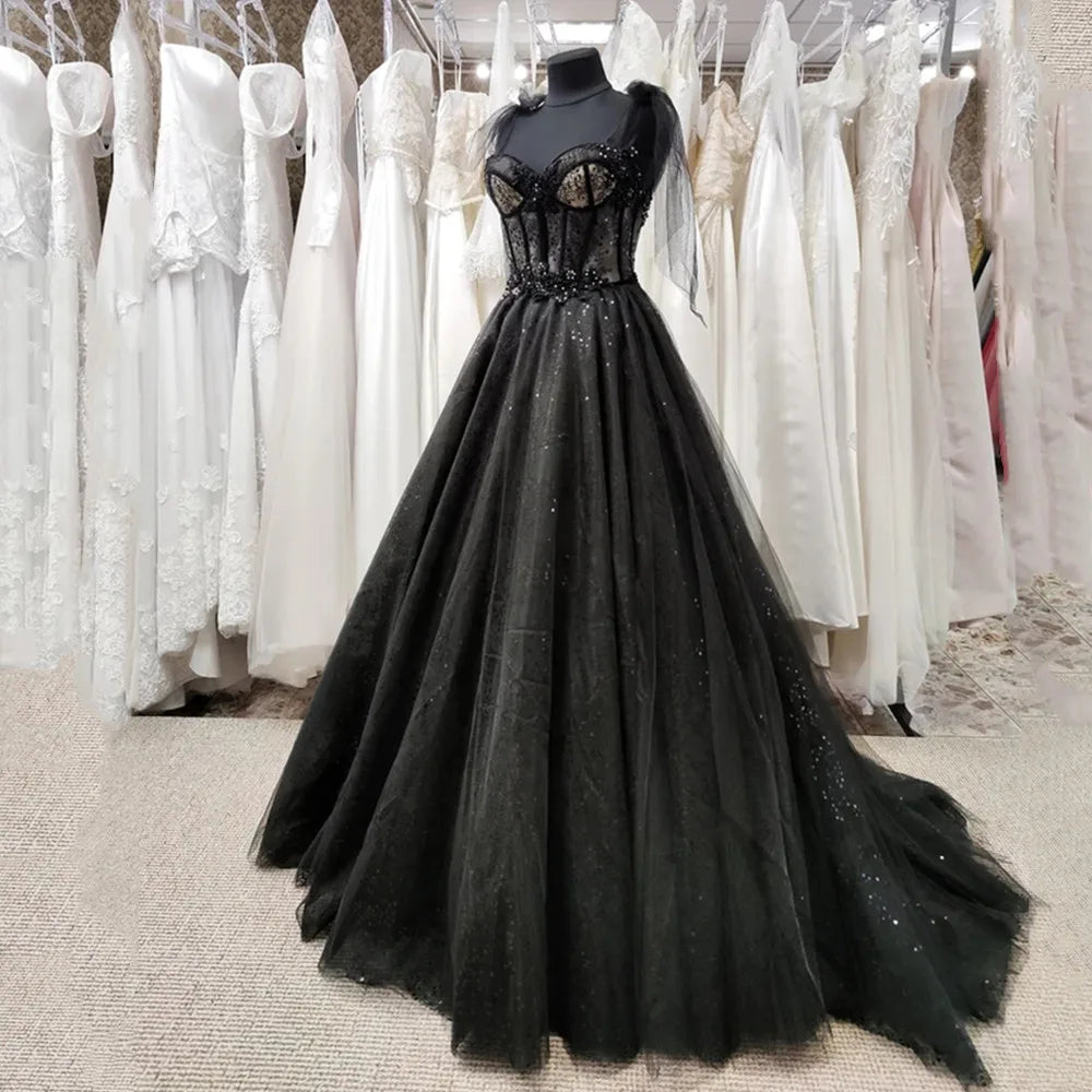 Roycebridal Glitter Lace Tulle Sweetheart Corset Court Black Wedding Dress