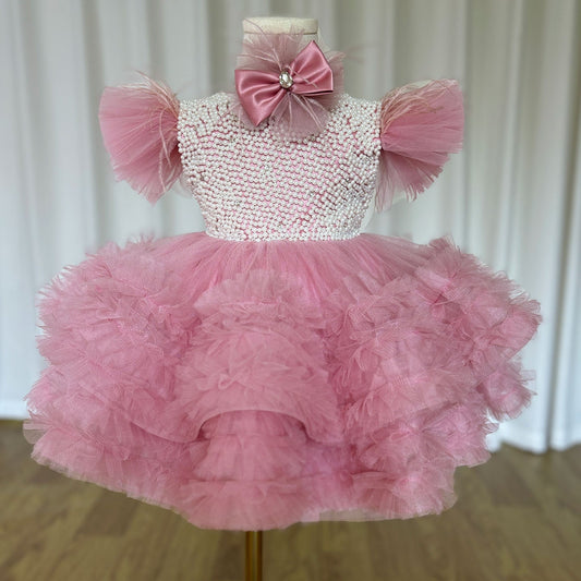 Roycebridal Elegant Pink Pearls Flower Girl Dress Princess Baby Kids Wedding Birthday First Communion Party Gown 2025 J321