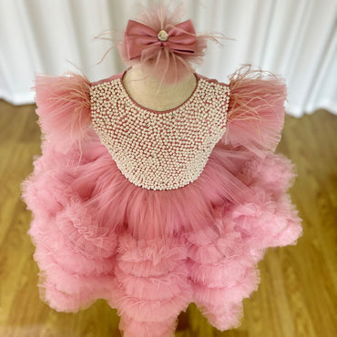 Roycebridal Elegant Pink Pearls Flower Girl Dress Princess Baby Kids Wedding Birthday First Communion Party Gown 2025 J321