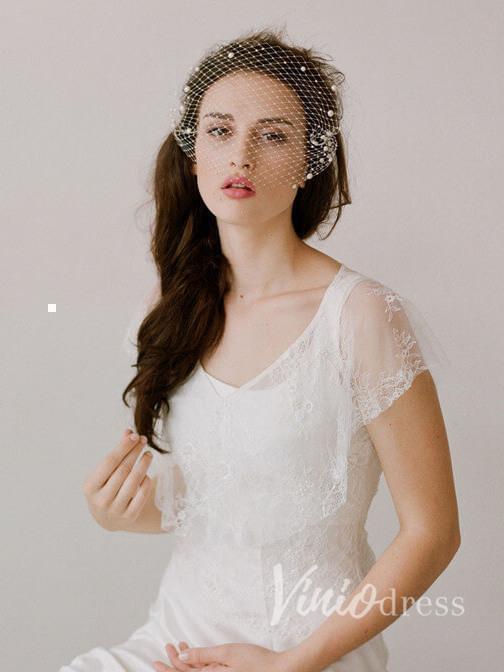 Ivory Mesh Birdcage Veils with Tiny Beads ACC1084-Veils-Viniodress-Ivory-Viniodress