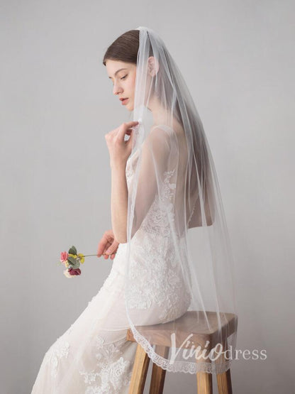 Ivory Tulle Wedding Veils One Layer Bridal Veil with Lace Hem V610-Veils-Viniodress-Ivory-Viniodress