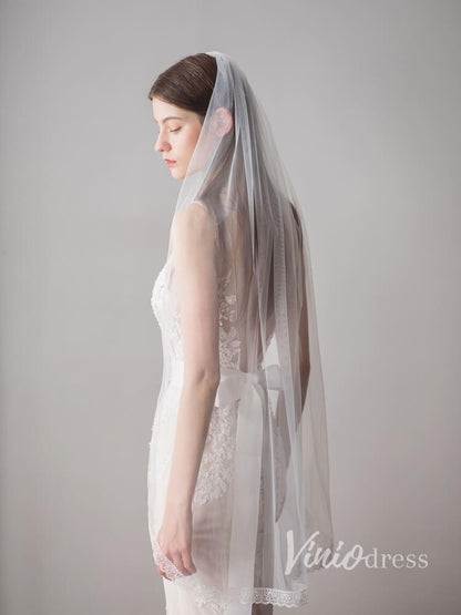 Ivory Tulle Wedding Veils One Layer Bridal Veil with Lace Hem V610-Veils-Viniodress-Ivory-Viniodress