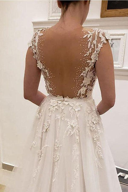 Ivory A-line V-neck Wedding Dresses With Lace Appliques, Bridal Gown, MW925 | beaded wedding dresses | vintage wedding dress | wedding gowns | musebridals.com