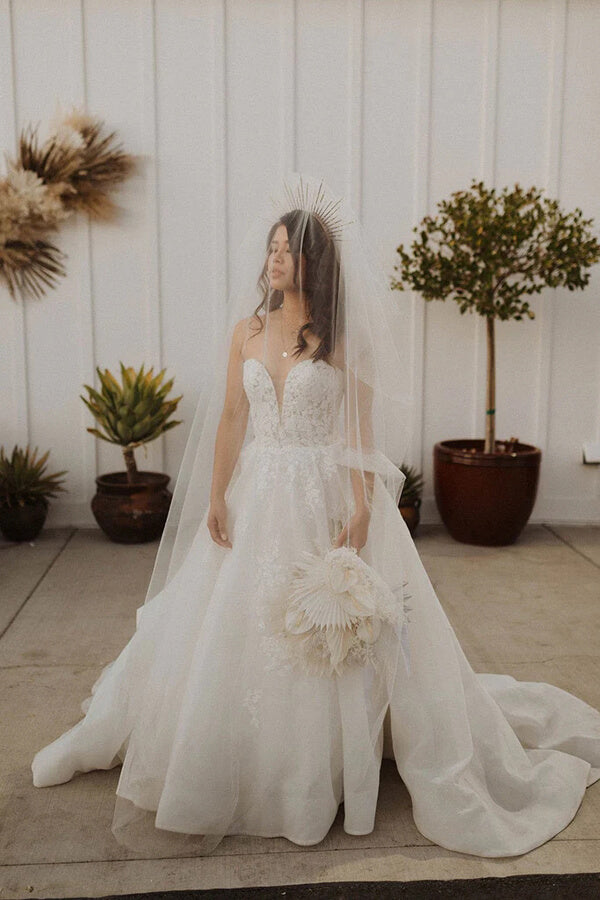 Ivory Ball Gown Strapless Sweetheart Lace Appliques Wedding Dresses, MW958 | satin wedding dress | affordable wedding dress | wedding gown | musebridals.com