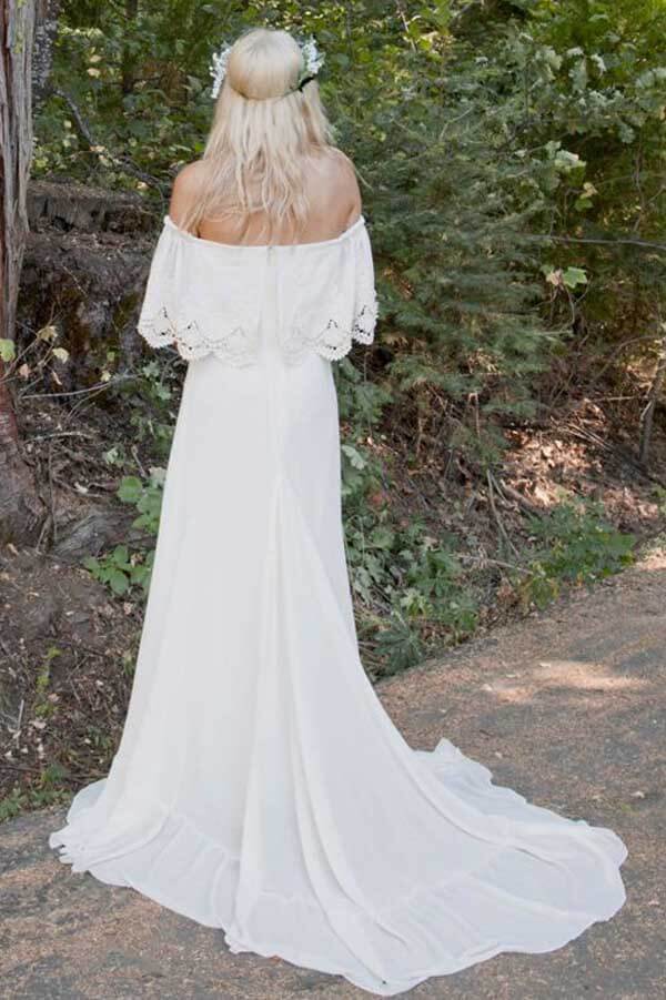 Ivory Chiffon A-line Off-the-Shoulder Bohemian Lace Beach Wedding Dresses, MW771 | wedding dresses online | wedding dresses cheap | wedding gown | musebridals.com