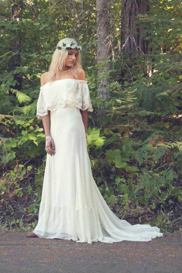 Ivory Chiffon A-line Off-the-Shoulder Bohemian Lace Beach Wedding Dresses, MW771 | wedding dresses online | bridal gowns | bohemian wedding dresses | musebridals.com