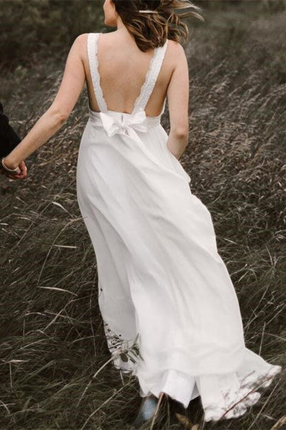 Ivory Chiffon Backless A-line V-neck Lace Wedding Dresses, Bridal Gown, MW668 | cheap lace wedding dresses | a line lace wedding dress | bridal outfit | www.musebridals.com