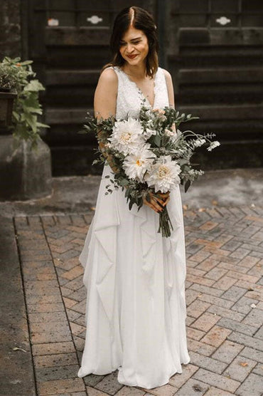 Ivory Chiffon Backless A-line V-neck Lace Wedding Dresses, Bridal Gown, MW668 | v neck wedding dress | simple wedding dresses | wedding dresses online | www.musebridals.com