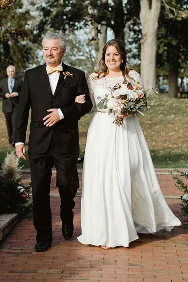 Ivory Chiffon Lace A-line Scoop Plus Size Long Sleeves Wedding Dresses, MW585 | wedding dresses online | plus size wedding dresses | chiffon wedding dress | www.musebridals.com