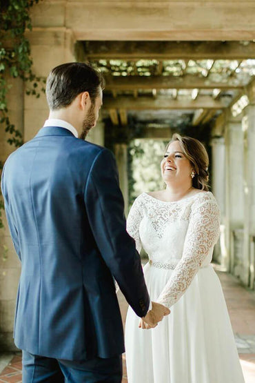 Ivory Chiffon Lace A-line Scoop Plus Size Long Sleeves Wedding Dresses, MW585 | long sleeves wedding dress | ivory lace wedding dress | plus size wedding dress online | www.musebridals.com