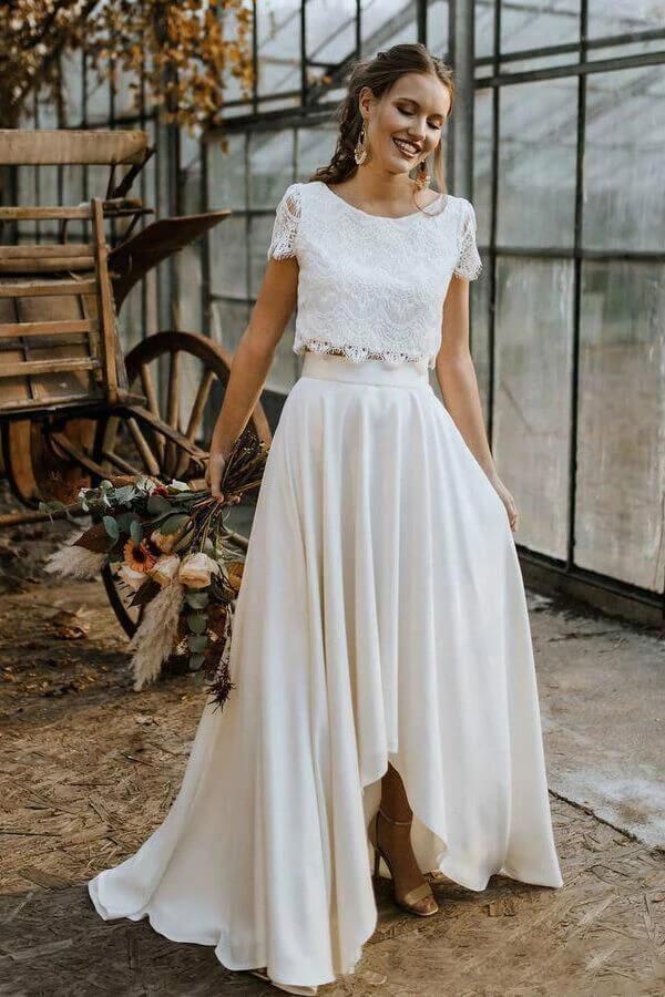 Ivory Chiffon Two Pieces Lace Top Short Sleeves Cheap Wedding Dresses MW772 | floor length wedding dresses | wedding dresses stores | wedding dresses near me | www.musebridals.com