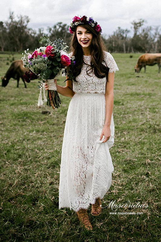 Ivory Lace A-line Two Pieces Short Sleeves Beach Wedding Dresses, MW932 | cheap lace wedding dress | bridal gown | outdoor wedding dress | musebridals.com