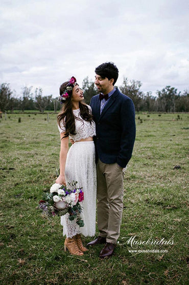 Ivory Lace A-line Two Pieces Short Sleeves Beach Wedding Dresses, MW932 | two piece wedding dress | vintage wedding dress | bridal style | musebridals.com