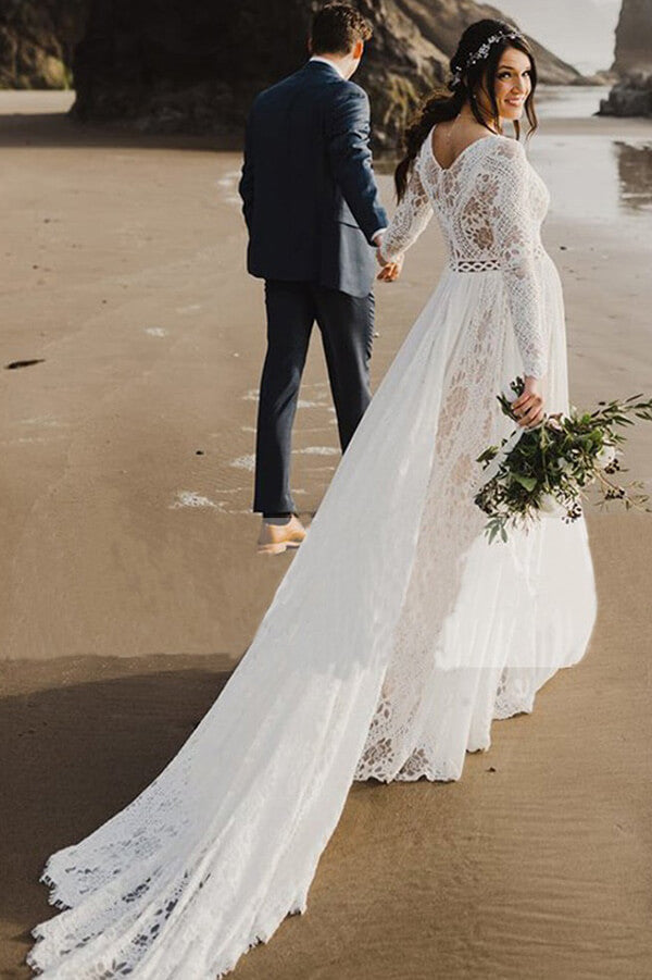 Ivory Lace A-line V-neck Long Sleeves Beach Wedding Dresses, Bridal Gown, MW664 | a line beach wedding dresses | lace wedding gown | bridal outfit | www.musebridals.com