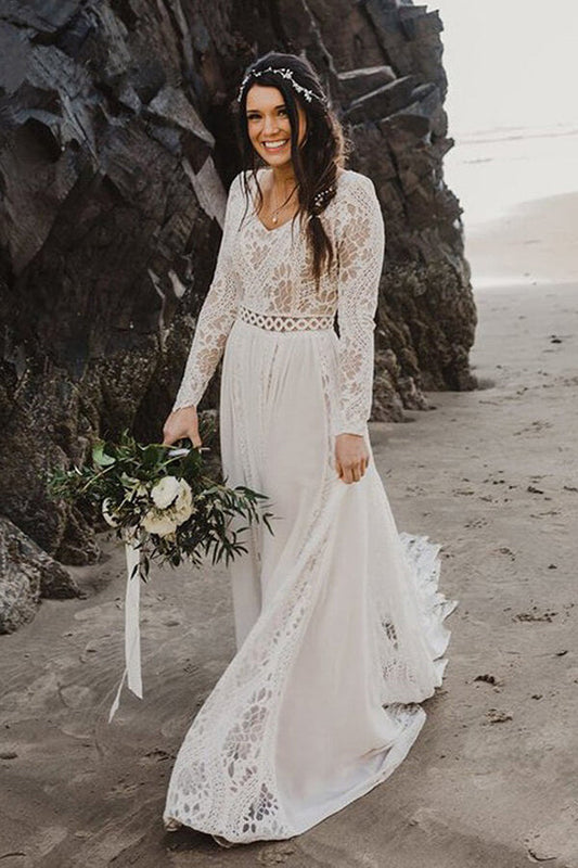 Ivory Lace A-line V-neck Long Sleeves Beach Wedding Dresses, Bridal Gown, MW664 | long sleeves wedding dresses | cheap lace wedding dress | beach wedding dresses | www.musebridals.com