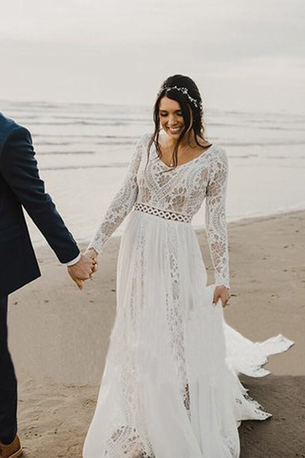 Ivory Lace A-line V-neck Long Sleeves Beach Wedding Dresses, Bridal Gown, MW664 | cheap lace wedding dresses | beach wedding gown | lace a line wedding dresses | www.musebridals.com