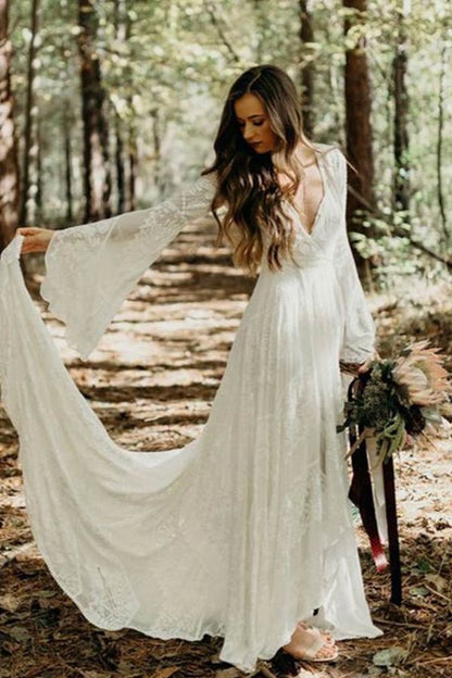 Ivory Lace A-line V-neck Long Sleeves Sweep Train Boho Wedding Dresses, MW766 | beach wedding dresses | long sleeves wedding dress | outdoor wedding dresses | musebridals.com