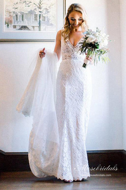 Ivory Lace Mermaid Backless V-neck Beach Wedding Dresses, Bridal Gown, MW689 | lace wedding dresses | mermaid wedding dress | beach wedding dresses | www.musebridals.com